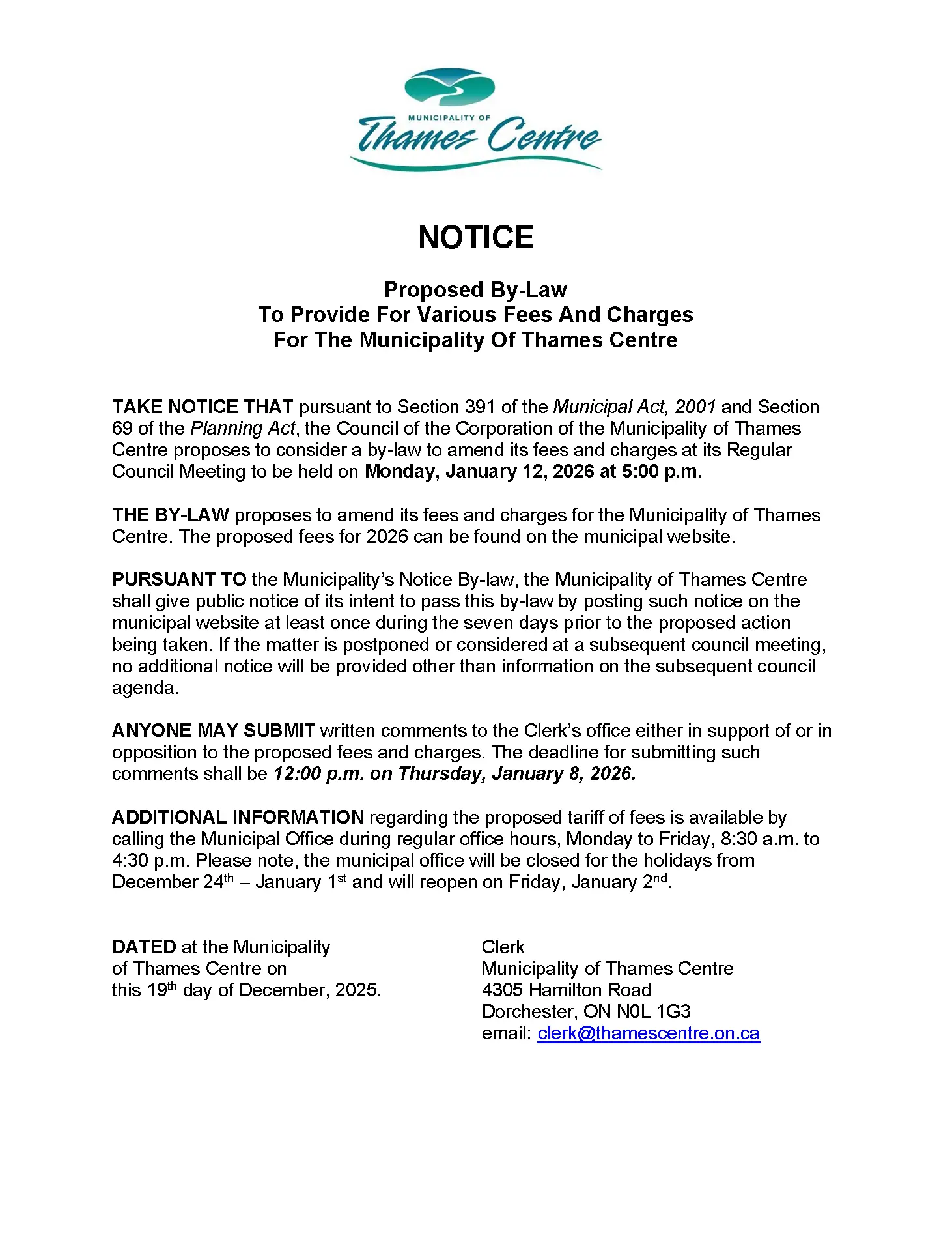Proposed 2026 Fees and Charges | Municipality of Thames Centre