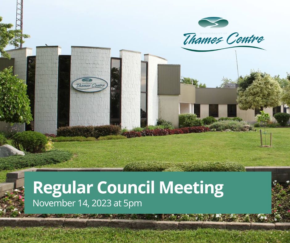 Regular Council Meeting Text in front of main office building
