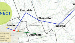 Map showing London, Dorchester, Thorndale, Thamesford, and Woodstock being connected by a bus route.