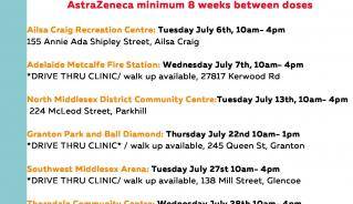List of dates and locations of various popup clinics. Thorndale July 28th.