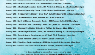 Middlesex-London Paramedic Service will be visiting communities throughout Middlesex County in January to provide first, second and booster doses. Thames Centre dates and locations include: π January 9th - FlightExec Centre Auditorium - 10am-5pm π January 19th - Thorndale Lions Community Centre - 11am-6:30pm π January 30th - FlightExec Centre Auditorium - 10am-5pm
